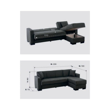 Divano letto Dugo con penisola contenitore reversibile in tessuto Mina 07 tortora e piedini cromo