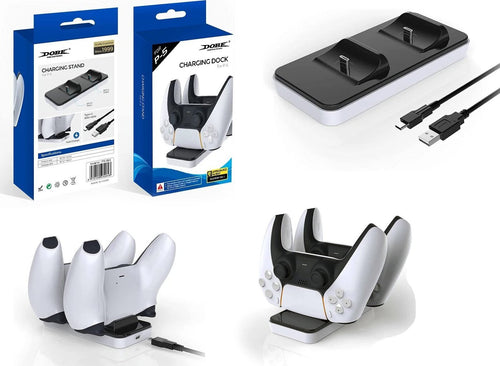 Dobe Stazione di Ricarica Rapida Portatile per Controller Joystick PS5, Caricatore Doppio per Controller Playstation 5 con 2 Porte di Ricarica di Tipo C Rimovibili, Bianco-Nero