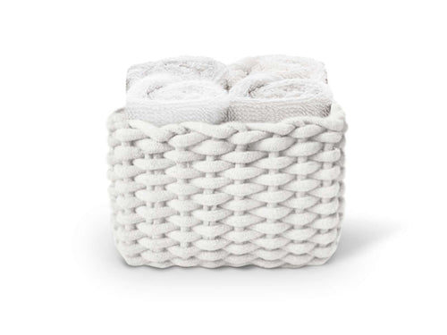 Set di 4 lavette Daunex Classic 30x30 in spugna di cotone con cestino decorativo, accessorio bagno elegante.