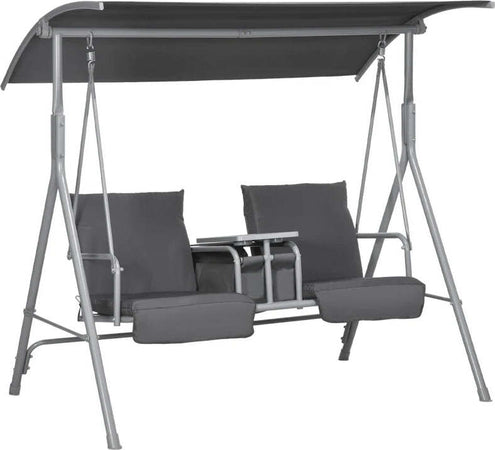 Dondolo-2-Posti-con-Tavolino-e-Portabicchieri,-in-Metallo-e-Poliestere,-175x110x165-cm,-Grigio-84A-057V01GY