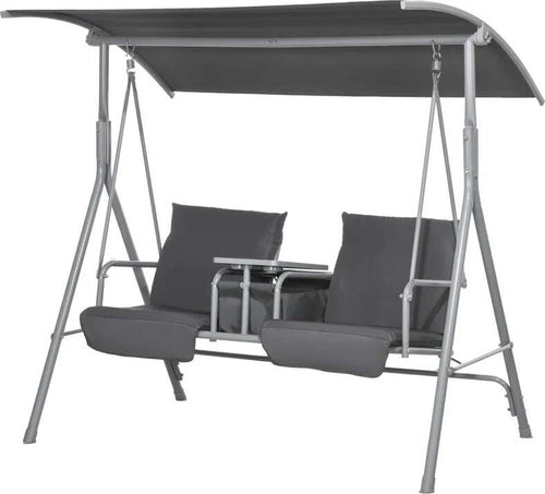 Dondolo-2-Posti-con-Tavolino-e-Portabicchieri,-in-Metallo-e-Poliestere,-175x110x165-cm,-Grigio-84A-057V01GY