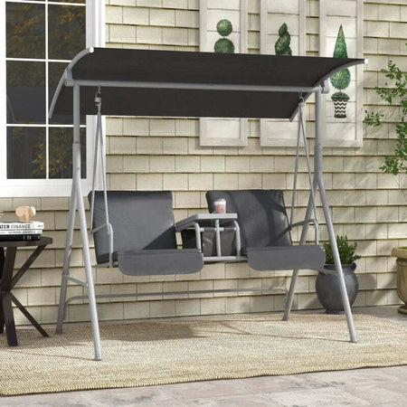 Dondolo-2-Posti-con-Tavolino-e-Portabicchieri,-in-Metallo-e-Poliestere,-175x110x165-cm,-Grigio-84A-057V01GY