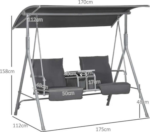 Dondolo-2-Posti-con-Tavolino-e-Portabicchieri,-in-Metallo-e-Poliestere,-175x110x165-cm,-Grigio-84A-057V01GY
