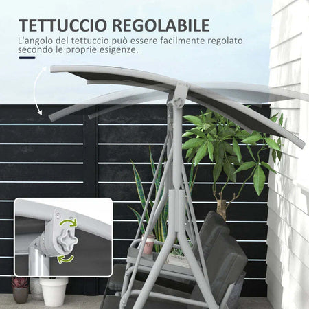 Dondolo-2-Posti-con-Tavolino-e-Portabicchieri,-in-Metallo-e-Poliestere,-175x110x165-cm,-Grigio-84A-057V01GY