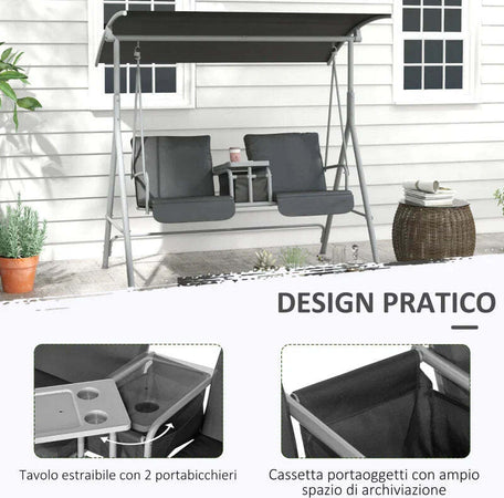 Dondolo-2-Posti-con-Tavolino-e-Portabicchieri,-in-Metallo-e-Poliestere,-175x110x165-cm,-Grigio-84A-057V01GY
