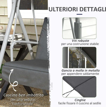 Dondolo-2-Posti-con-Tavolino-e-Portabicchieri,-in-Metallo-e-Poliestere,-175x110x165-cm,-Grigio-84A-057V01GY