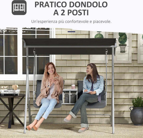 Dondolo-2-Posti-con-Tavolino-e-Portabicchieri,-in-Metallo-e-Poliestere,-175x110x165-cm,-Grigio-84A-057V01GY
