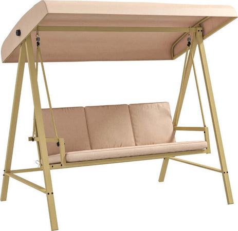 Dondolo-3-Posti-con-Tettuccio-Inclinabile-e-Cuscini,-in-Acciaio-e-Textilene,-200x125x175-cm,-Beige-e-Marrone--84A-307V00BG