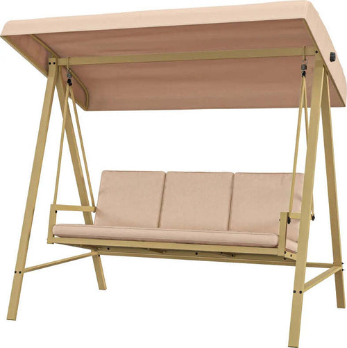 Dondolo-3-Posti-con-Tettuccio-Inclinabile-e-Cuscini,-in-Acciaio-e-Textilene,-200x125x175-cm,-Beige-e-Marrone--84A-307V00BG