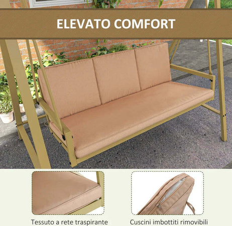 Dondolo-3-Posti-con-Tettuccio-Inclinabile-e-Cuscini,-in-Acciaio-e-Textilene,-200x125x175-cm,-Beige-e-Marrone--84A-307V00BG
