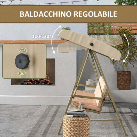 Dondolo-3-Posti-con-Tettuccio-Inclinabile-e-Cuscini,-in-Acciaio-e-Textilene,-200x125x175-cm,-Beige-e-Marrone--84A-307V00BG