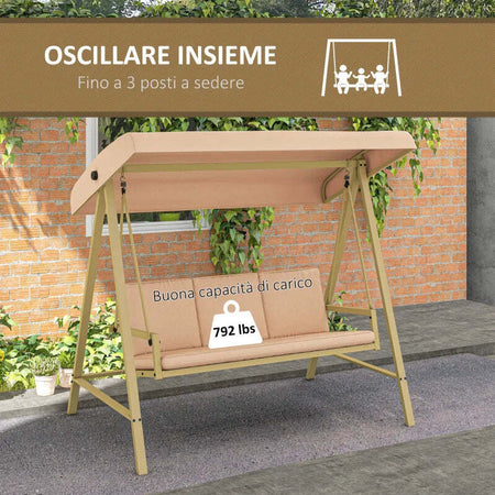 Dondolo-3-Posti-con-Tettuccio-Inclinabile-e-Cuscini,-in-Acciaio-e-Textilene,-200x125x175-cm,-Beige-e-Marrone--84A-307V00BG