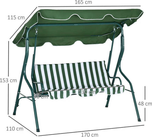 Dondolo-3-Posti-con-Tettuccio-Regolabile-e-Cuscini,-in-Acciaio-e-Poliestere,-170x110x153-cm,-Verde-e-Bianco-84A-118V01GN
