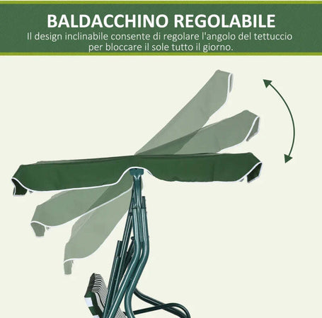 Dondolo-3-Posti-con-Tettuccio-Regolabile-e-Cuscini,-in-Acciaio-e-Poliestere,-170x110x153-cm,-Verde-e-Bianco-84A-118V01GN