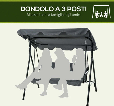 Dondolo-3-Posti-con-Tettuccio-Regolabile-e-Cuscini,-in-Acciaio-e-Poliestere,-172x110x153-cm,-Grigio-84A-054V04GY