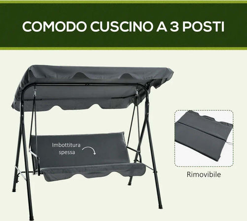 Dondolo-3-Posti-con-Tettuccio-Regolabile-e-Cuscini,-in-Acciaio-e-Poliestere,-172x110x153-cm,-Grigio-84A-054V04GY