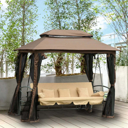 Dondolo-3-Posti-da-Giardino-Convertibile-in-Lettino-con-Gazebo,-con-Zanzariera-e-Cuscini,-257x175x240cm-Cachi--84A-182
