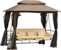 Dondolo-3-Posti-da-Giardino-Convertibile-in-Lettino-con-Gazebo,-con-Zanzariera-e-Cuscini,-257x175x240cm-Cachi--84A-182