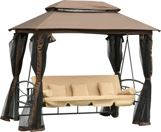 Dondolo-3-Posti-da-Giardino-Convertibile-in-Lettino-con-Gazebo,-con-Zanzariera-e-Cuscini,-257x175x240cm-Cachi--84A-182