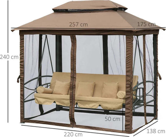 Dondolo-3-Posti-da-Giardino-Convertibile-in-Lettino-con-Gazebo,-con-Zanzariera-e-Cuscini,-257x175x240cm-Cachi--84A-182