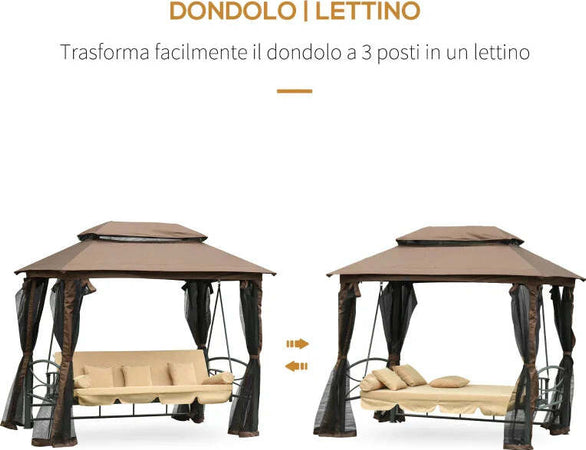 Dondolo-3-Posti-da-Giardino-Convertibile-in-Lettino-con-Gazebo,-con-Zanzariera-e-Cuscini,-257x175x240cm-Cachi--84A-182