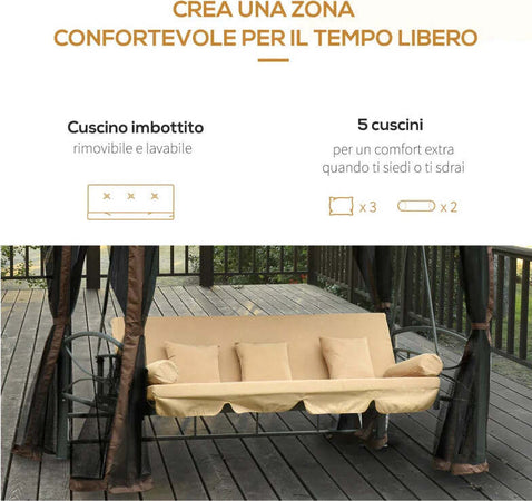 Dondolo-3-Posti-da-Giardino-Convertibile-in-Lettino-con-Gazebo,-con-Zanzariera-e-Cuscini,-257x175x240cm-Cachi--84A-182