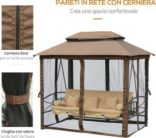 Dondolo-3-Posti-da-Giardino-Convertibile-in-Lettino-con-Gazebo,-con-Zanzariera-e-Cuscini,-257x175x240cm-Cachi--84A-182