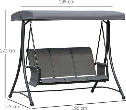 Dondolo-3-Posti-da-Giardino-o-Terrazzo-con-Tettuccio-Regolabile-e-Tasche-Portaoggetti-Grigio-Scuro-196x128x172cm-84A-110CG