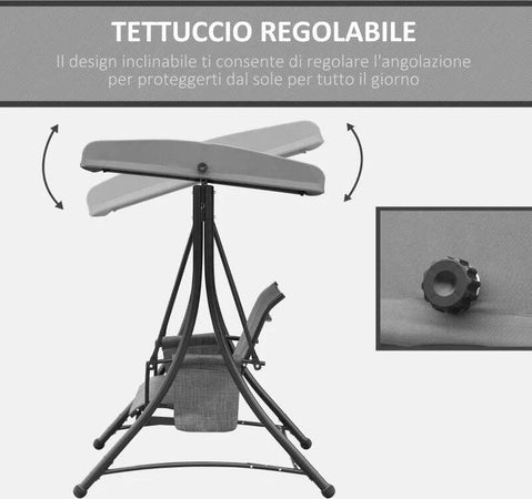 Dondolo-3-Posti-da-Giardino-o-Terrazzo-con-Tettuccio-Regolabile-e-Tasche-Portaoggetti-Grigio-Scuro-196x128x172cm-84A-110CG