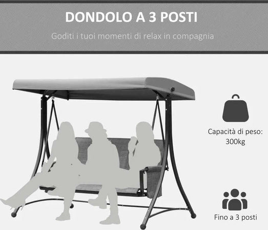 Dondolo-3-Posti-da-Giardino-o-Terrazzo-con-Tettuccio-Regolabile-e-Tasche-Portaoggetti-Grigio-Scuro-196x128x172cm-84A-110CG