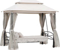 Dondolo-3-Posti-e-Lettino-Singolo-Copertura-a-Gazebo-con-Zanzariera-e-Cuscini-256x172x248cm-Crema-84A-102