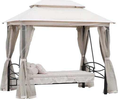 Dondolo-3-Posti-e-Lettino-Singolo-Copertura-a-Gazebo-con-Zanzariera-e-Cuscini-256x172x248cm-Crema-84A-102