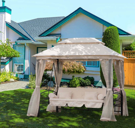 Dondolo-3-Posti-e-Lettino-Singolo-Copertura-a-Gazebo-con-Zanzariera-e-Cuscini-256x172x248cm-Crema-84A-102