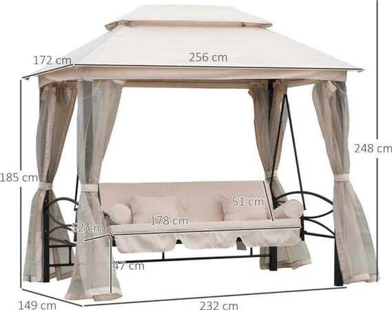 Dondolo-3-Posti-e-Lettino-Singolo-Copertura-a-Gazebo-con-Zanzariera-e-Cuscini-256x172x248cm-Crema-84A-102