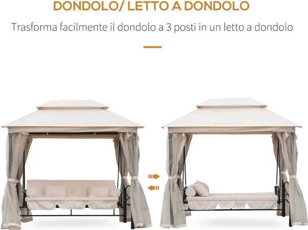 Dondolo-3-Posti-e-Lettino-Singolo-Copertura-a-Gazebo-con-Zanzariera-e-Cuscini-256x172x248cm-Crema-84A-102