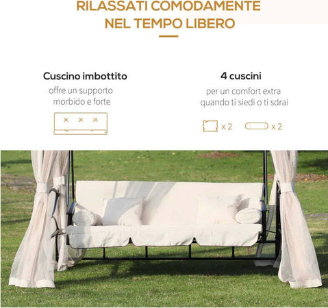 Dondolo-3-Posti-e-Lettino-Singolo-Copertura-a-Gazebo-con-Zanzariera-e-Cuscini-256x172x248cm-Crema-84A-102