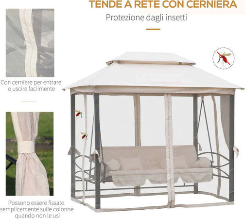 Dondolo-3-Posti-e-Lettino-Singolo-Copertura-a-Gazebo-con-Zanzariera-e-Cuscini-256x172x248cm-Crema-84A-102