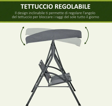 Dondolo-a-2-Posti-da-Giardino-con-Tettuccio-Regolabile,-140x118x162cm-Grigio-84A-233CG