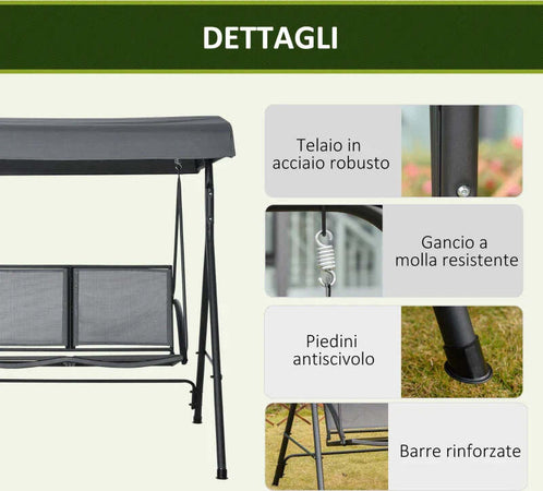 Dondolo-a-2-Posti-da-Giardino-con-Tettuccio-Regolabile,-140x118x162cm-Grigio-84A-233CG