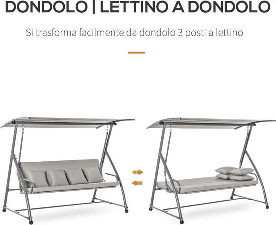 Dondolo-da-Esterni-2in1-per-3-Persone-Convertibile-in-Letto-con-Tettuccio,-218x120x168cm,-Cachi-Chiaro-84A-062V01
