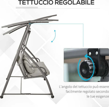 Dondolo-da-Esterni-2in1-per-3-Persone-Convertibile-in-Letto-con-Tettuccio,-218x120x168cm,-Cachi-Chiaro-84A-062V01