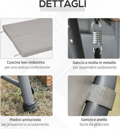 Dondolo-da-Esterni-2in1-per-3-Persone-Convertibile-in-Letto-con-Tettuccio,-218x120x168cm,-Cachi-Chiaro-84A-062V01