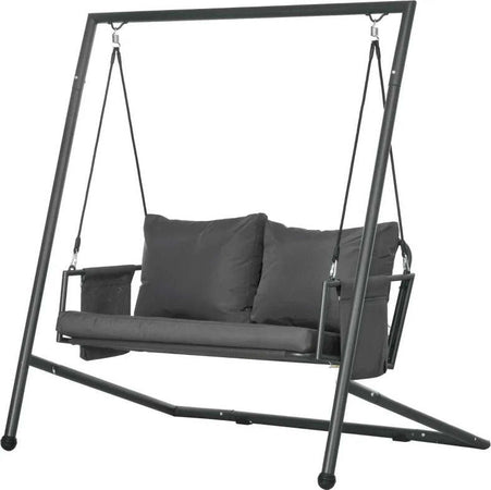 Dondolo-da-Giardino-2-Posti-con-Cuscini-e-Tasche,-in-Acciaio-e-Textilene,-168x117x181-cm,-Grigio-Scuro-84A-332V00CG