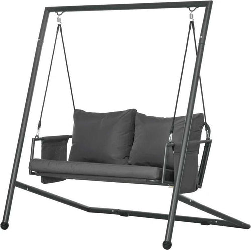 Dondolo-da-Giardino-2-Posti-con-Cuscini-e-Tasche,-in-Acciaio-e-Textilene,-168x117x181-cm,-Grigio-Scuro-84A-332V00CG