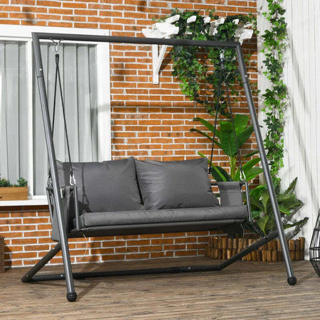 Dondolo-da-Giardino-2-Posti-con-Cuscini-e-Tasche,-in-Acciaio-e-Textilene,-168x117x181-cm,-Grigio-Scuro-84A-332V00CG