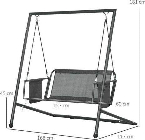 Dondolo-da-Giardino-2-Posti-con-Cuscini-e-Tasche,-in-Acciaio-e-Textilene,-168x117x181-cm,-Grigio-Scuro-84A-332V00CG