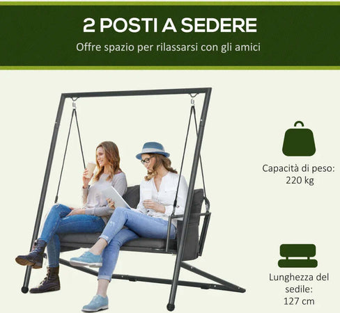 Dondolo-da-Giardino-2-Posti-con-Cuscini-e-Tasche,-in-Acciaio-e-Textilene,-168x117x181-cm,-Grigio-Scuro-84A-332V00CG