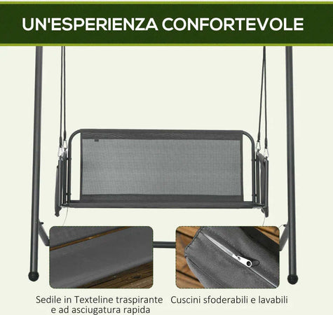 Dondolo-da-Giardino-2-Posti-con-Cuscini-e-Tasche,-in-Acciaio-e-Textilene,-168x117x181-cm,-Grigio-Scuro-84A-332V00CG