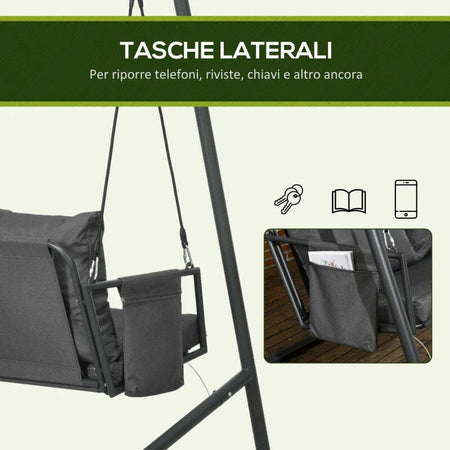 Dondolo-da-Giardino-2-Posti-con-Cuscini-e-Tasche,-in-Acciaio-e-Textilene,-168x117x181-cm,-Grigio-Scuro-84A-332V00CG