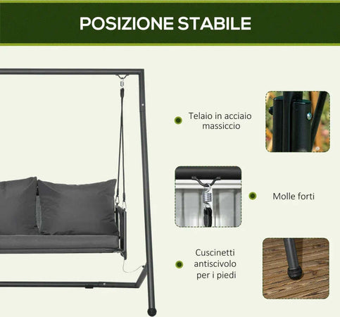 Dondolo-da-Giardino-2-Posti-con-Cuscini-e-Tasche,-in-Acciaio-e-Textilene,-168x117x181-cm,-Grigio-Scuro-84A-332V00CG